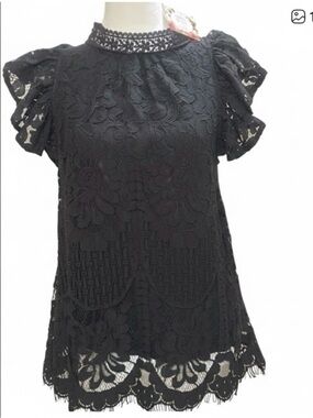 JEN - Sweet Lovely  - Black Lace Top Ruffle Sleeve Fringe SZ S Lined NWT